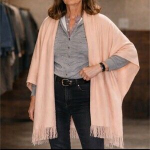 Vtg 90s/ Y2K Fringed Fine Knit Poncho Shawl Wrap Peachy Pink Boho Womens One Sz